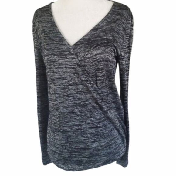 GAP Womens Blouse SZ XS Surplice Black Marbled Semi-Sheer Long Sleeves Pullover‎ - Picture 1 of 9